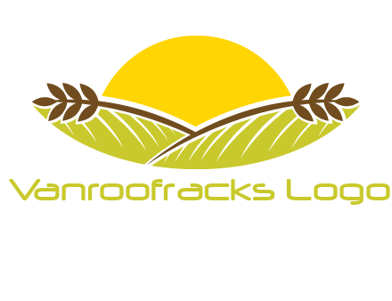 sunset over wheat stalks and farm logo