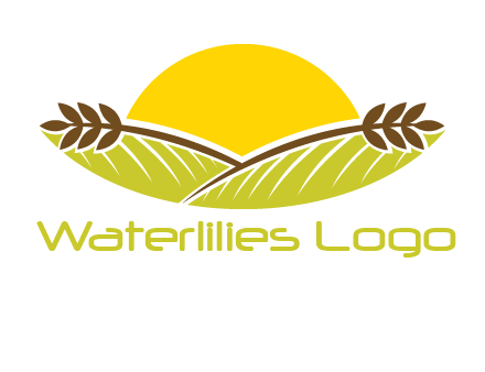 sunset over wheat stalks and farm logo