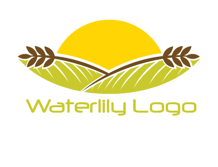 sunset over wheat stalks and farm logo
