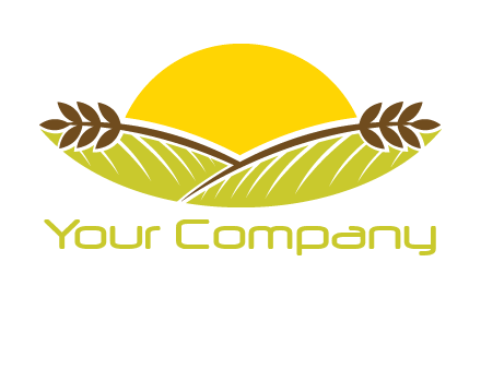 sunset over wheat stalks and farm logo