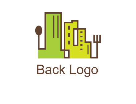 upright fork spoon and buildings catering logo