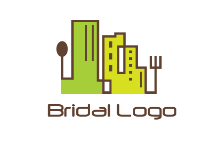 upright fork spoon and buildings catering logo