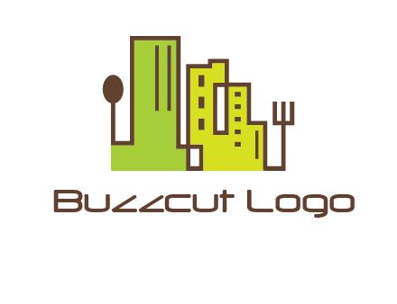upright fork spoon and buildings catering logo