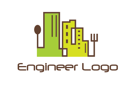 upright fork spoon and buildings catering logo