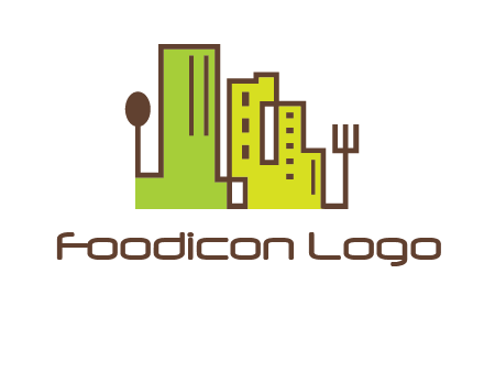 upright fork spoon and buildings catering logo