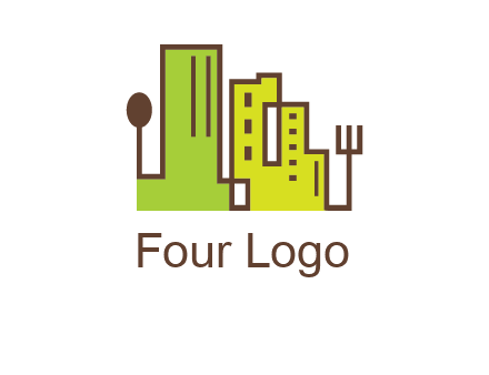 upright fork spoon and buildings catering logo