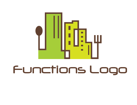 upright fork spoon and buildings catering logo