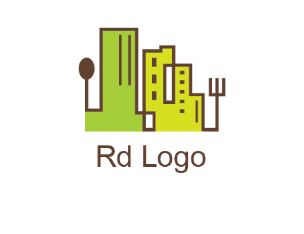 upright fork spoon and buildings catering logo