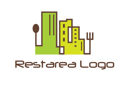 upright fork spoon and buildings catering logo