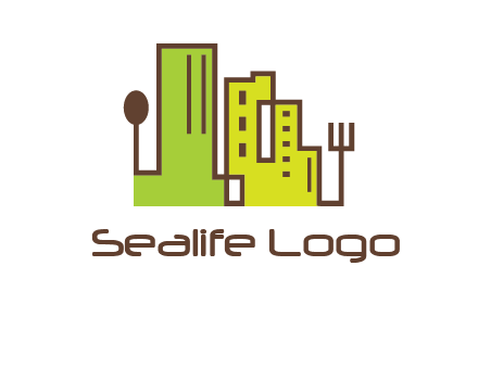 upright fork spoon and buildings catering logo