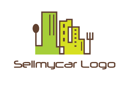 upright fork spoon and buildings catering logo