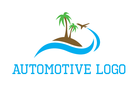 palm trees on island and airplane travel logo