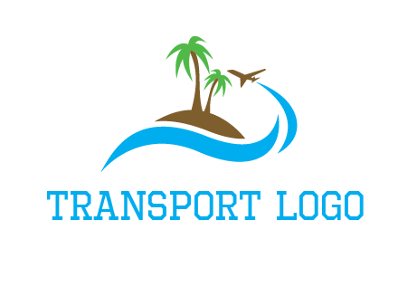 palm trees on island and airplane travel logo