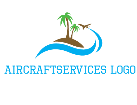 palm trees on island and airplane travel logo