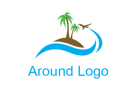 palm trees on island and airplane travel logo