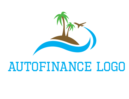palm trees on island and airplane travel logo