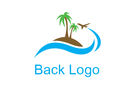 palm trees on island and airplane travel logo