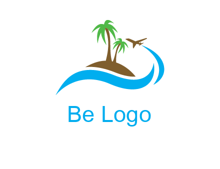 palm trees on island and airplane travel logo