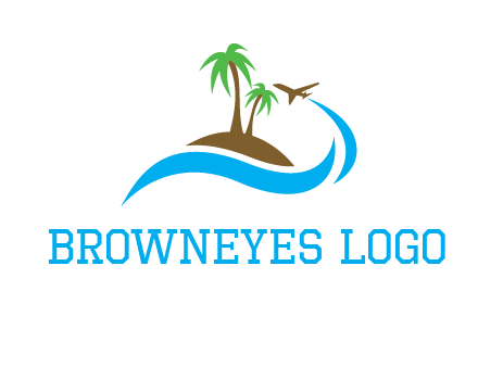 palm trees on island and airplane travel logo
