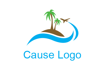 palm trees on island and airplane travel logo