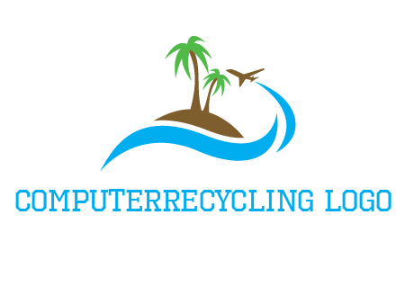 palm trees on island and airplane travel logo