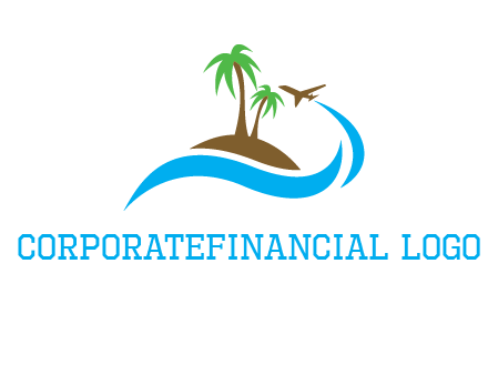 palm trees on island and airplane travel logo