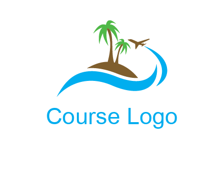 palm trees on island and airplane travel logo