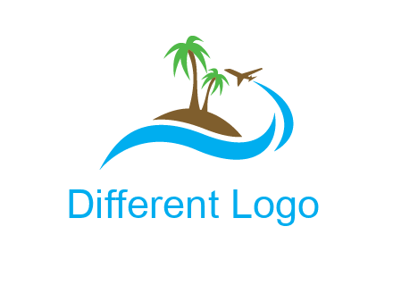 palm trees on island and airplane travel logo