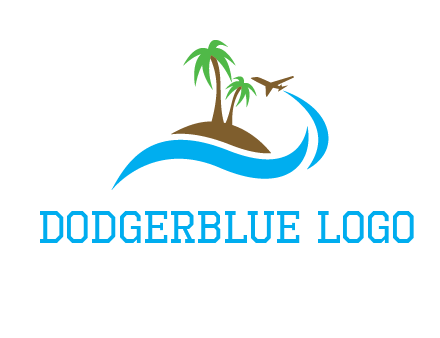 palm trees on island and airplane travel logo