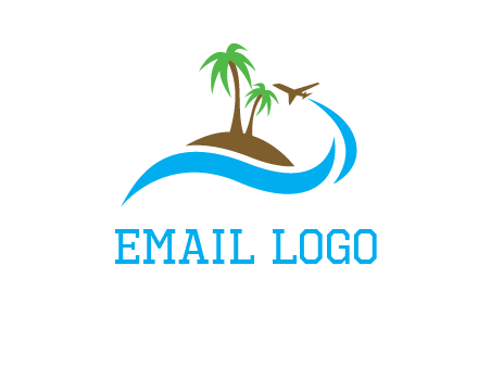 palm trees on island and airplane travel logo