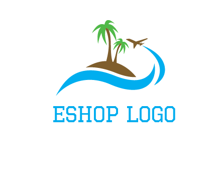 palm trees on island and airplane travel logo