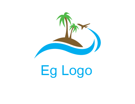 palm trees on island and airplane travel logo