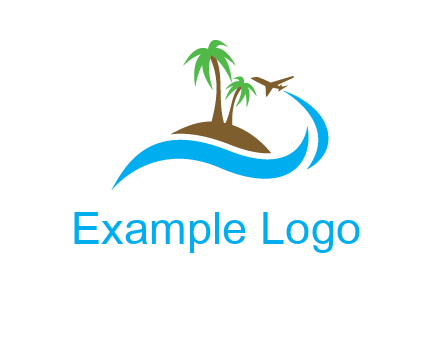 palm trees on island and airplane travel logo