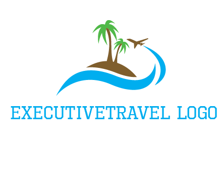 palm trees on island and airplane travel logo