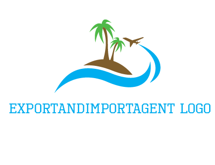 palm trees on island and airplane travel logo