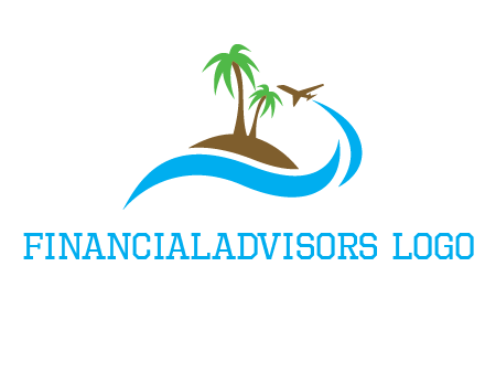 palm trees on island and airplane travel logo