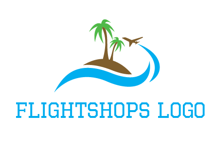 palm trees on island and airplane travel logo