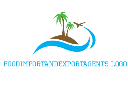 palm trees on island and airplane travel logo