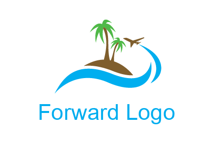 palm trees on island and airplane travel logo