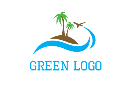 palm trees on island and airplane travel logo