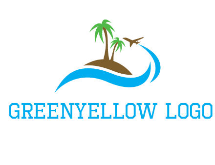 palm trees on island and airplane travel logo