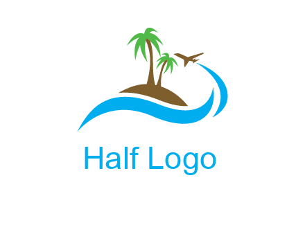 palm trees on island and airplane travel logo