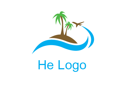 palm trees on island and airplane travel logo