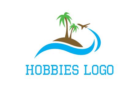 palm trees on island and airplane travel logo