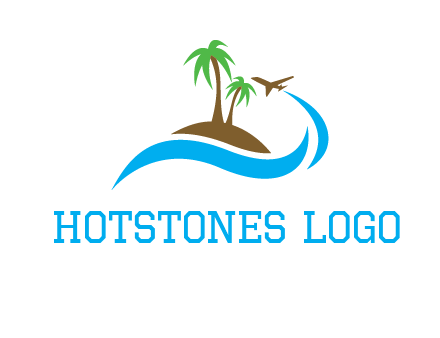 palm trees on island and airplane travel logo