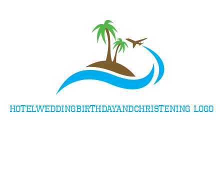 palm trees on island and airplane travel logo