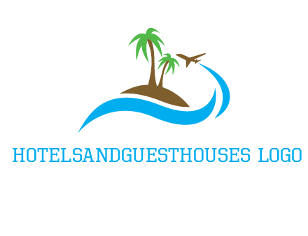 palm trees on island and airplane travel logo