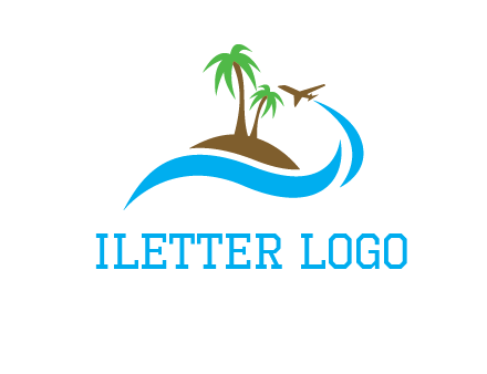 palm trees on island and airplane travel logo