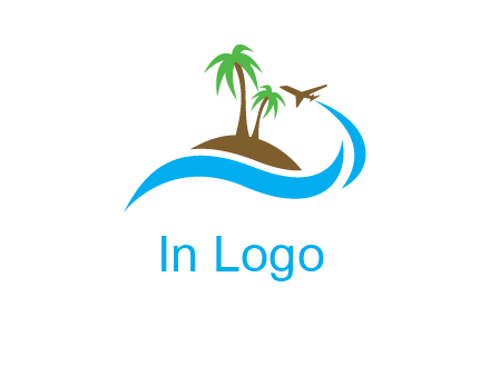 palm trees on island and airplane travel logo