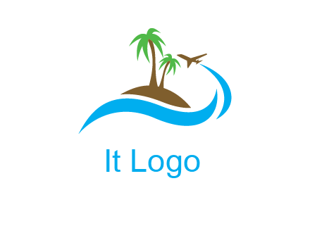 palm trees on island and airplane travel logo